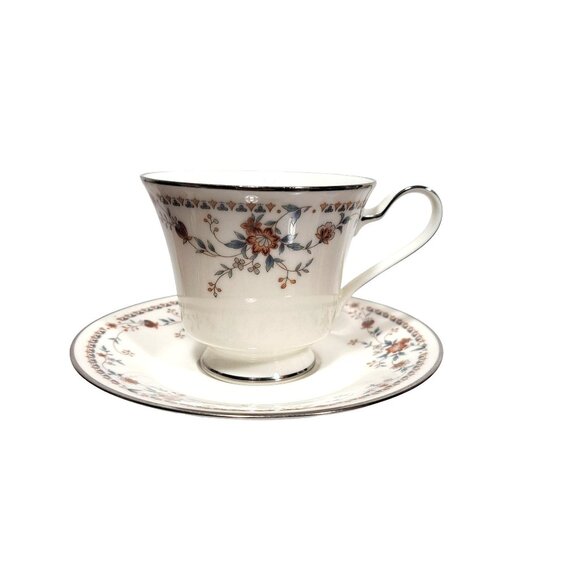 Adagio by Noritake Ivory 7237 Footed Cup Saucer Accented Formal Floral Vintage - Picture 1 of 9
